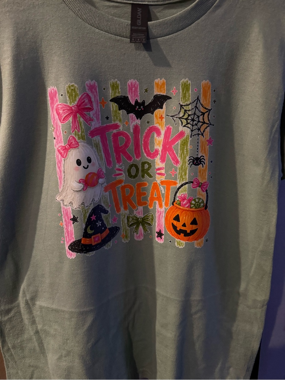 Gildan Sage Green Kids' Trick or Treat Halloween Graphic Tee with Neon Accents